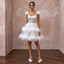 Fun Feather-Trimmed White Tulle Mini Bridal Dress for Bachelorette Rehearsal