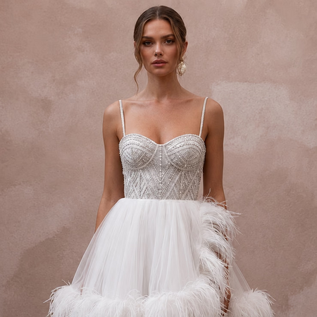 Fun Feather - Trimmed White Tulle Mini for Bachelorette Rehearsal - Apparel & Accessories > Clothing > Wedding & Bridal Party Dresses > Wedding Dresses - Mignonette Bridal