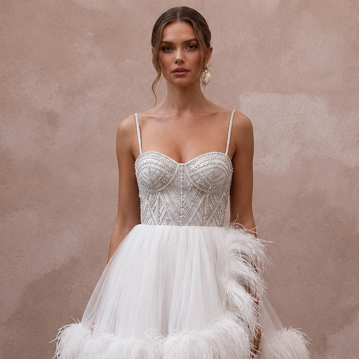 Fun Feather-Trimmed White Tulle Mini for Bachelorette Rehearsal