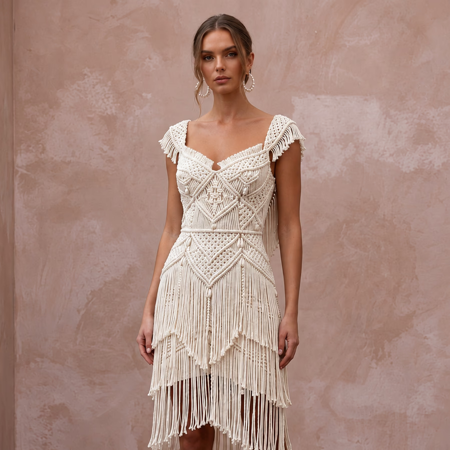 Fun Off-White Fringe Macrame Bridal Mini Dress for Tropical After-Party