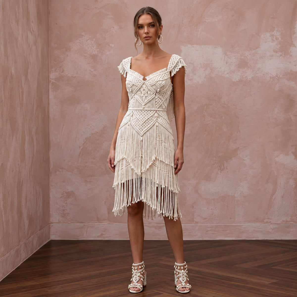 Fun Off - White Fringe Macrame Bridal Mini Dress for Tropical After - Party - Apparel & Accessories > Clothing > Wedding & Bridal Party Dresses > Wedding Dresses - Mignonette Bridal Main image