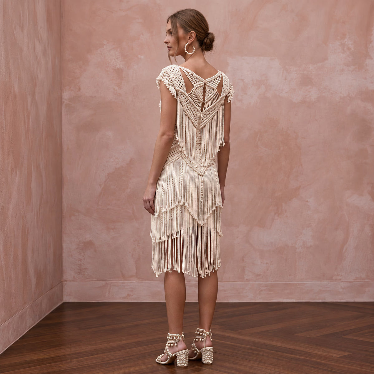 Fun Off-White Fringe Macrame Bridal Mini Dress for Tropical After-Party