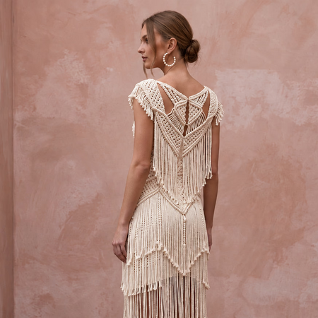 Fun Off-White Fringe Macrame Bridal Mini Dress for Tropical After-Party