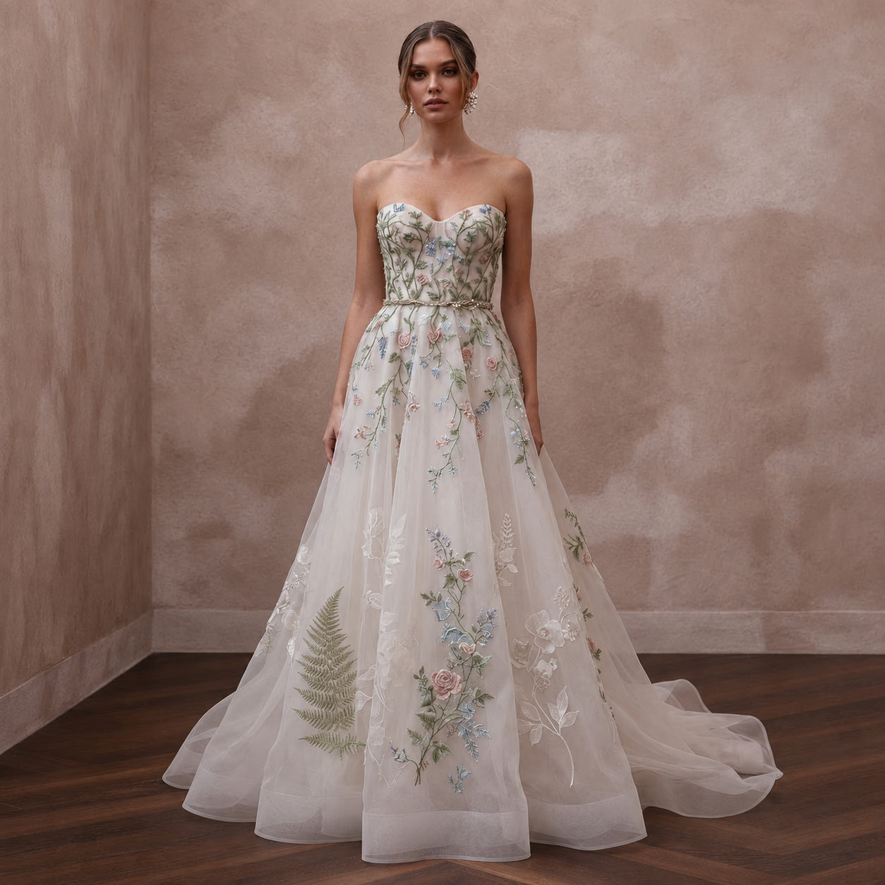 Garden-Inspired Wedding Gown with Embroidered Bodice and Flowing Skirt
