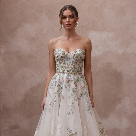 Garden-Inspired Wedding Gown with Embroidered Bodice and Flowing Skirt