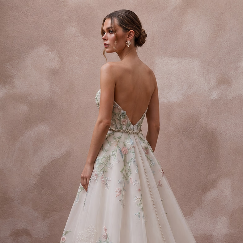 Garden-Inspired Wedding Gown with Embroidered Bodice and Flowing Skirt