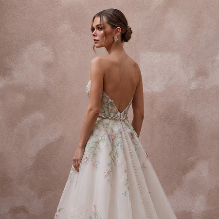 Garden-Inspired Wedding Gown with Embroidered Bodice and Flowing Skirt