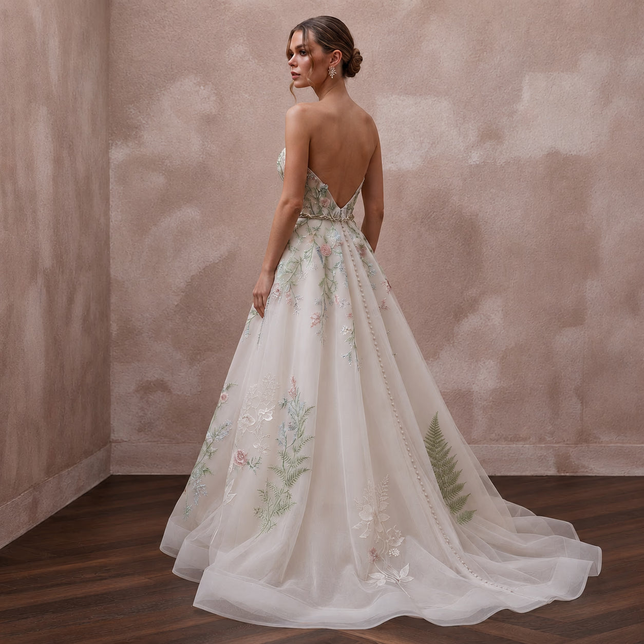 Garden-Inspired Wedding Gown with Embroidered Bodice and Flowing Skirt