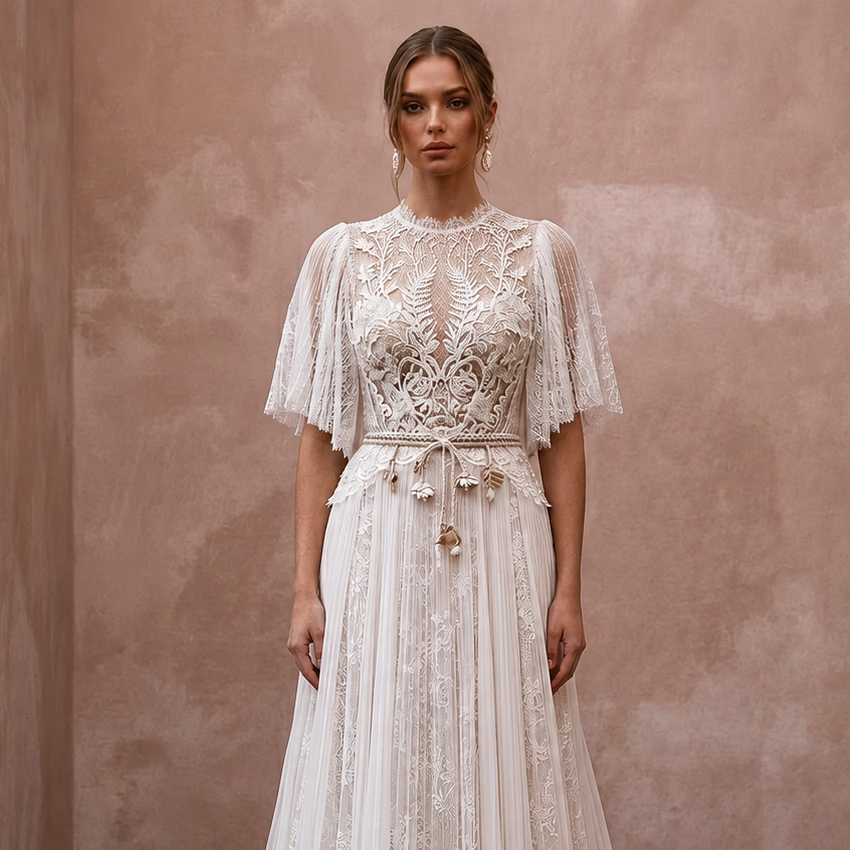 Garden Lace Bridal Dress with Flutter Sleeves for Spring
