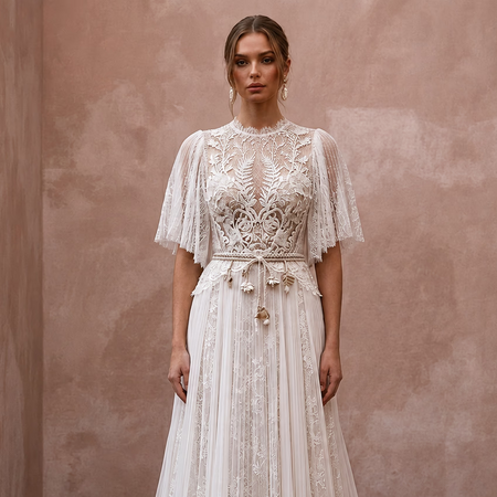 Garden Lace Bridal Dress with Flutter Sleeves for Spring