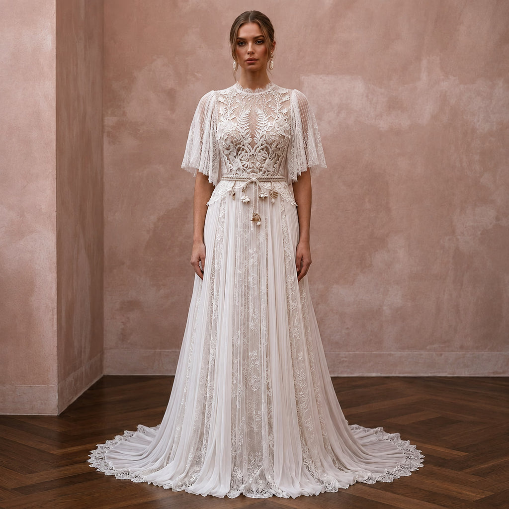 Garden Lace Bridal Dress with Flutter Sleeves for Spring