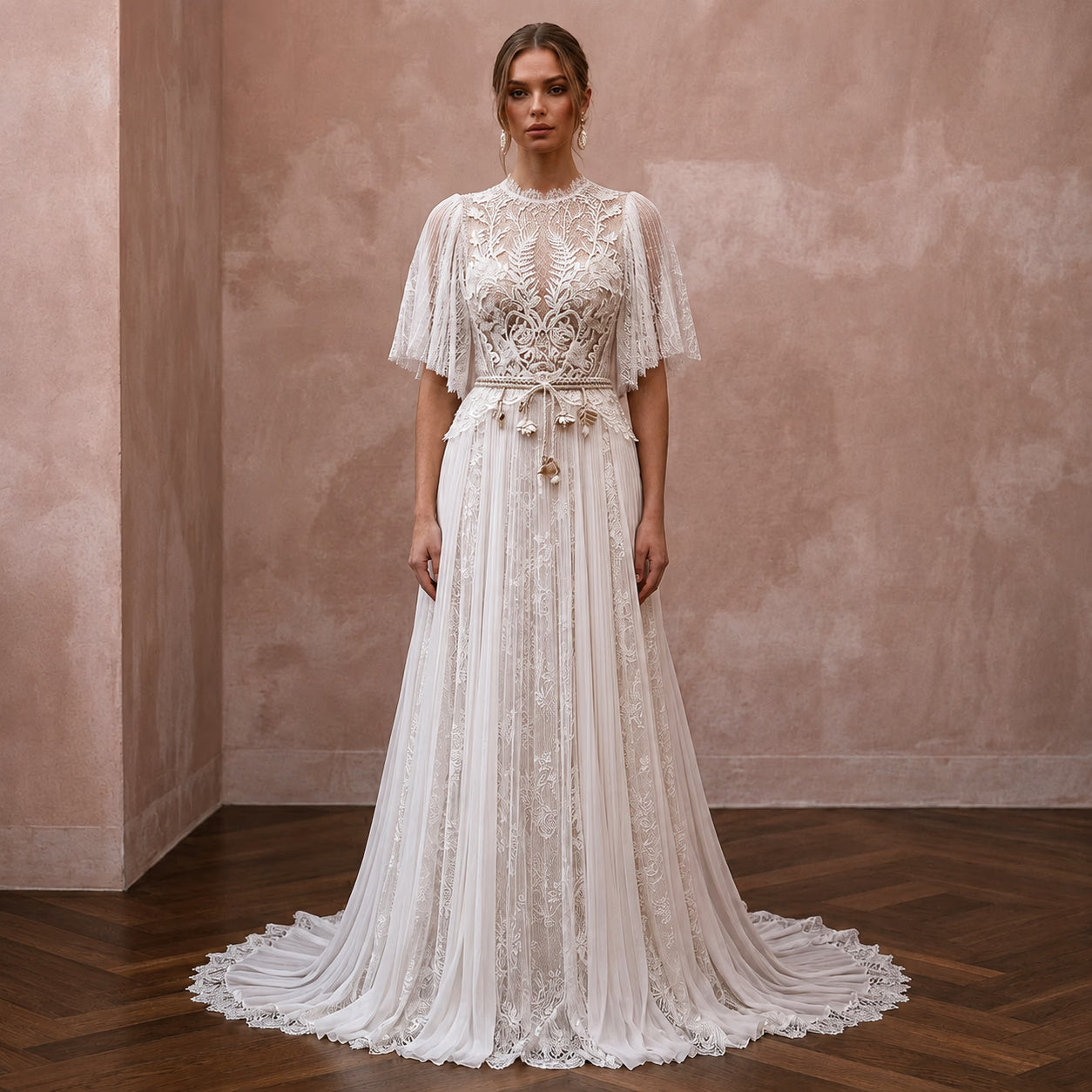 Garden Lace Bridal Dress with Flutter Sleeves for Spring