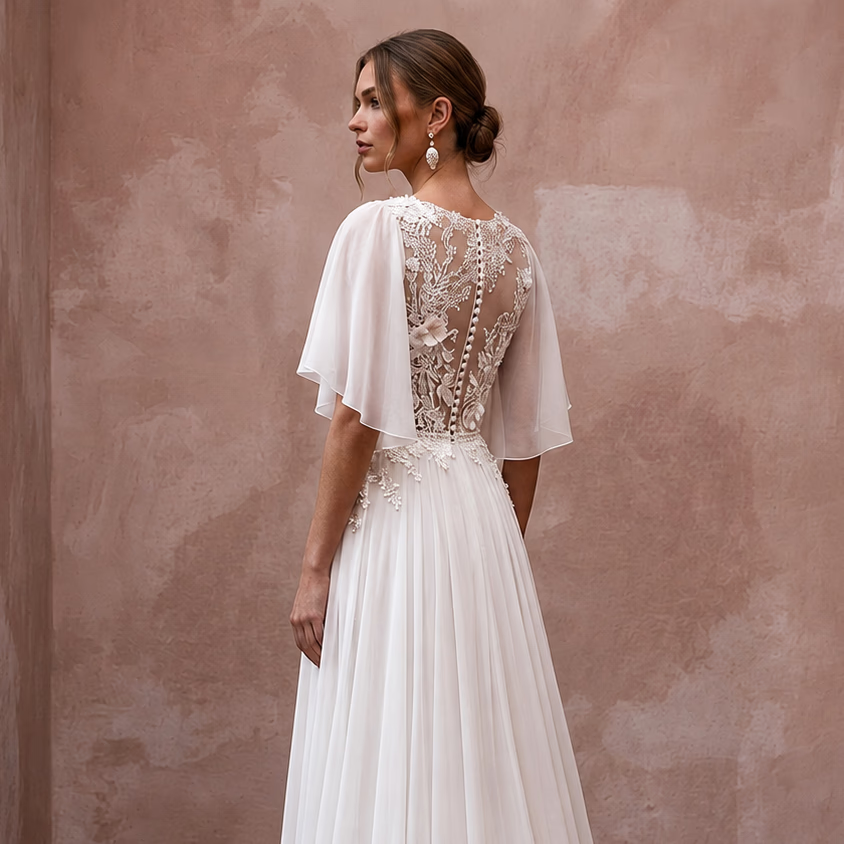 Garden Lace Bridal Dress with Flutter Sleeves for Spring