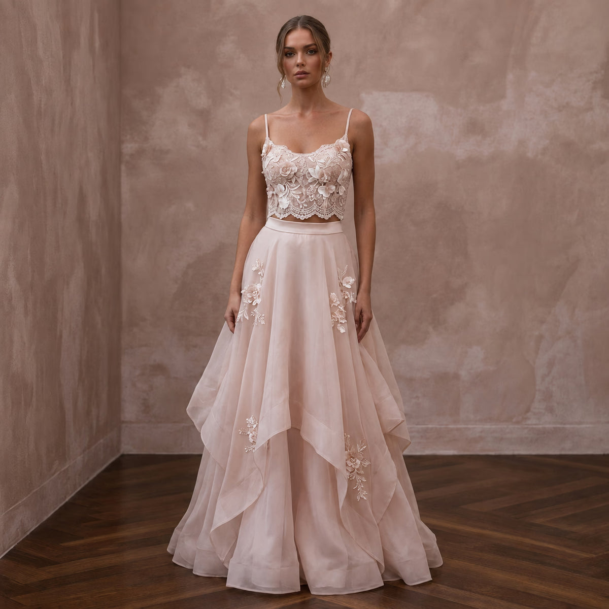 Garden Party Blush Floral Lace Top & Organza Skirt Set - Apparel & Accessories > Clothing > Wedding & Bridal Party Dresses > Wedding Dresses - Mignonette Bridal