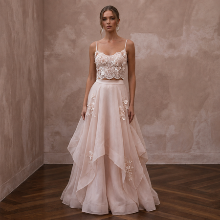 Garden Party Blush Floral Lace Top & Organza Skirt Set