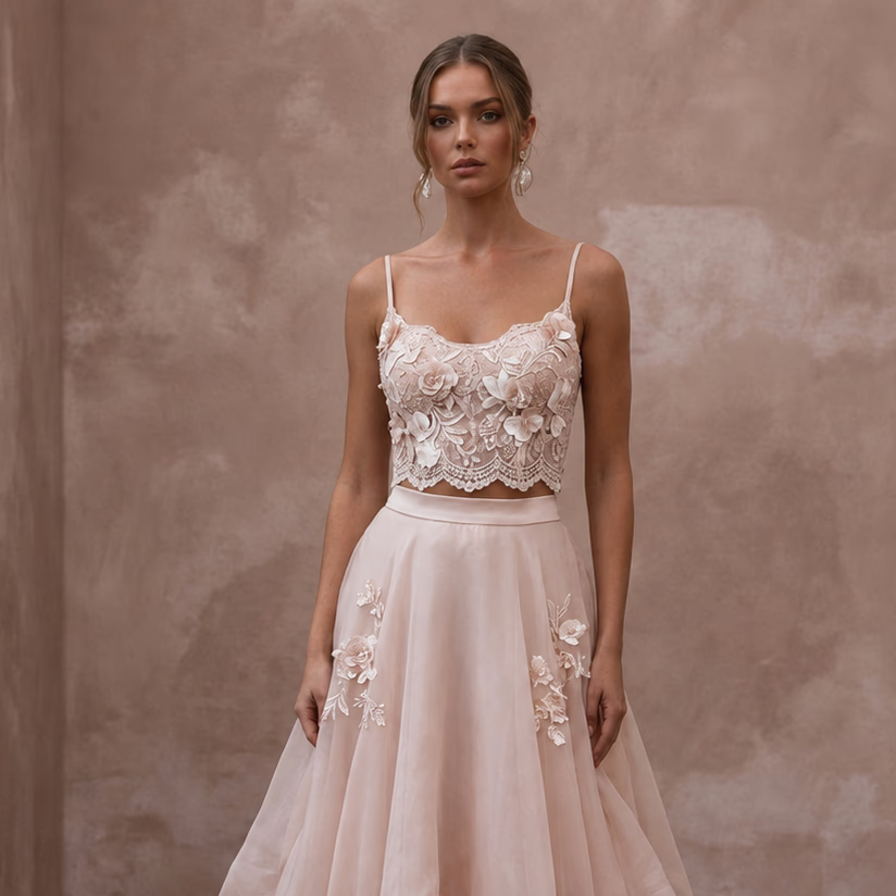 Garden Party Blush Floral Lace Top & Organza Skirt Set - Apparel & Accessories > Clothing > Wedding & Bridal Party Dresses > Wedding Dresses - Mignonette Bridal