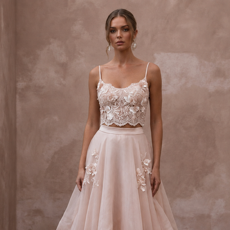 Garden Party Blush Floral Lace Top & Organza Skirt Set