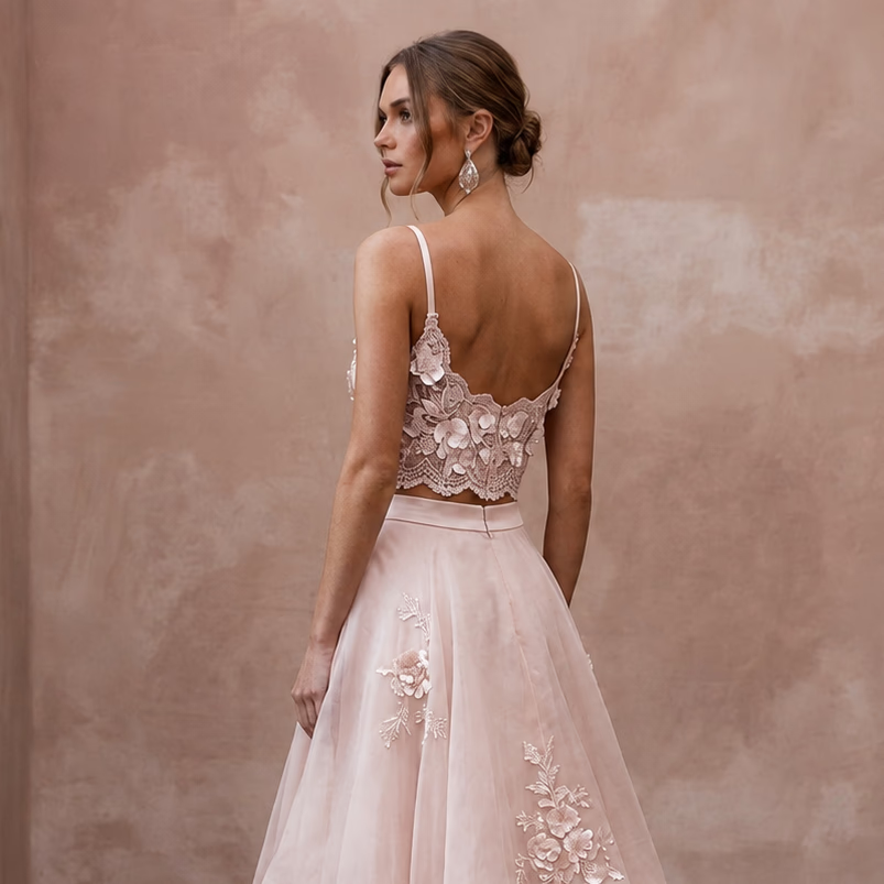 Garden Party Blush Floral Lace Top & Organza Skirt Set - Apparel & Accessories > Clothing > Wedding & Bridal Party Dresses > Wedding Dresses - Mignonette Bridal