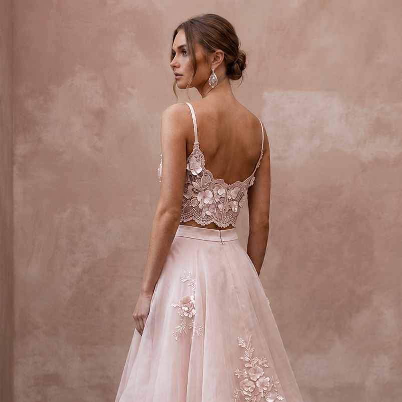 Garden Party Blush Floral Lace Top & Organza Skirt Set