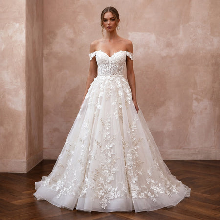 Garden Party Ivory Floral Lace Ball Gown Wedding Dress for Bridal Shower - Apparel & Accessories > Clothing > Wedding & Bridal Party Dresses > Wedding Dresses - Mignonette Bridal