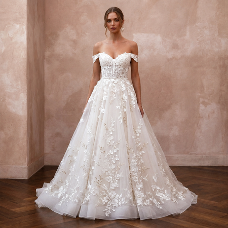 Garden Party Ivory Floral Lace Ball Gown Wedding Dress for Bridal Shower