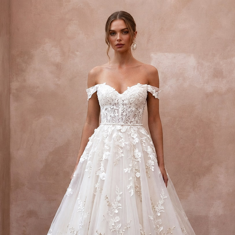 Garden Party Ivory Floral Lace Ball Gown Wedding Dress for Bridal Shower - Apparel & Accessories > Clothing > Wedding & Bridal Party Dresses > Wedding Dresses - Mignonette Bridal