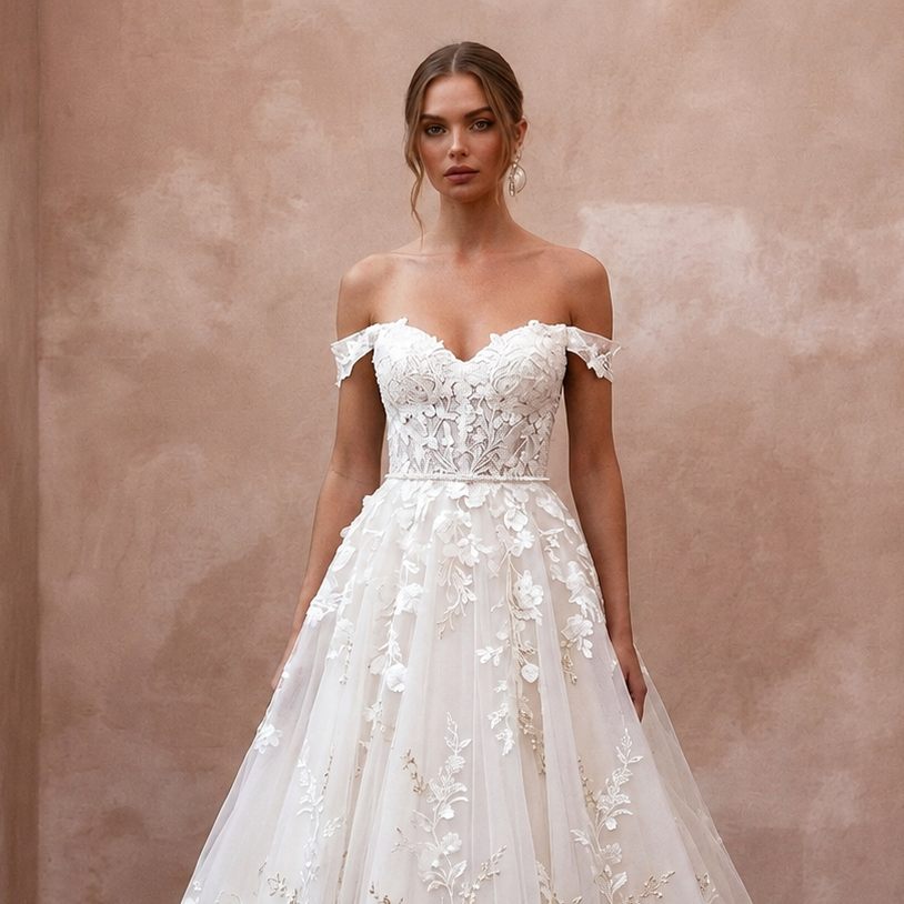 Garden Party Ivory Floral Lace Ball Gown Wedding Dress for Bridal Shower