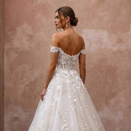 Garden Party Ivory Floral Lace Ball Gown Wedding Dress for Bridal Shower - Apparel & Accessories > Clothing > Wedding & Bridal Party Dresses > Wedding Dresses - Mignonette Bridal