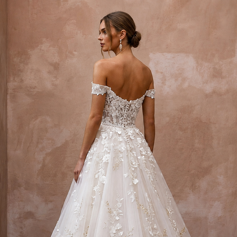 Garden Party Ivory Floral Lace Ball Gown Wedding Dress for Bridal Shower