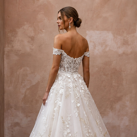 Garden Party Ivory Floral Lace Ball Gown Wedding Dress for Bridal Shower