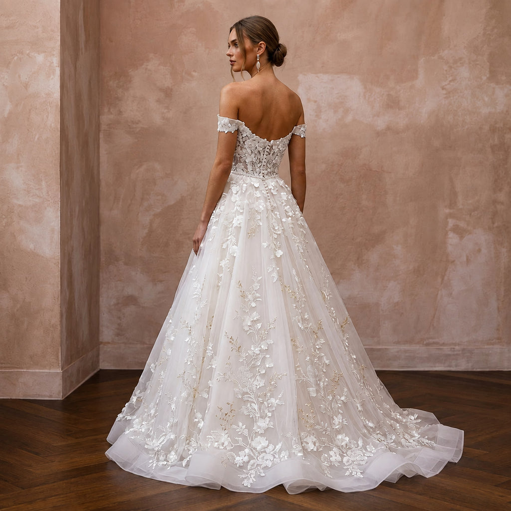 Garden Party Ivory Floral Lace Ball Gown Wedding Dress for Bridal Shower - Apparel & Accessories > Clothing > Wedding & Bridal Party Dresses > Wedding Dresses - Mignonette Bridal