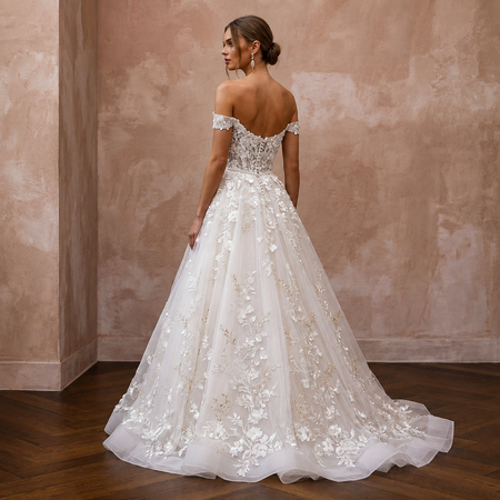 Garden Party Ivory Floral Lace Ball Gown Wedding Dress for Bridal Shower