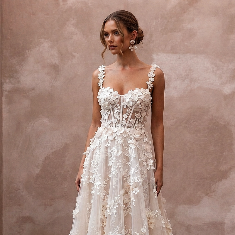 Garden Wedding Dresses with 3D Floral Appliqués