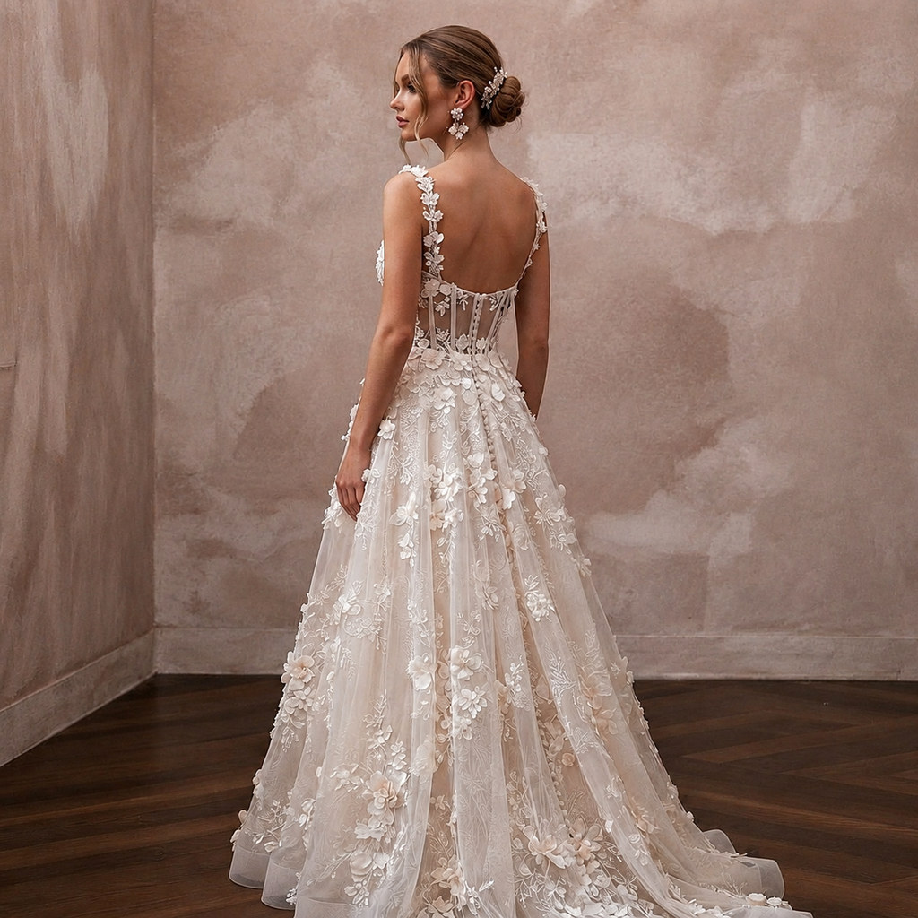 Garden Wedding Dresses with 3D Floral Appliqués