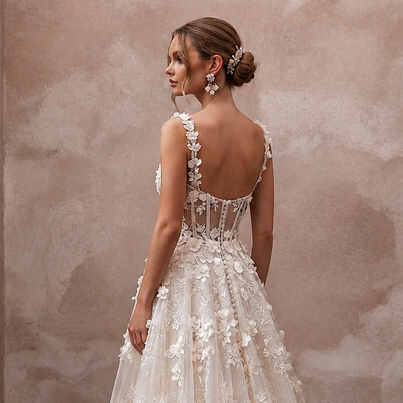 Garden Wedding Dresses with 3D Floral Appliqués - Apparel & Accessories > Clothing > Wedding & Bridal Party Dresses > Wedding Dresses - Mignonette