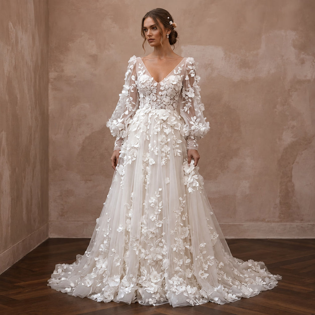 Garden Wedding Dresses with 3D Floral Embroidery - Apparel & Accessories > Clothing > Wedding & Bridal Party Dresses > Wedding Dresses - Mignonette Bridal