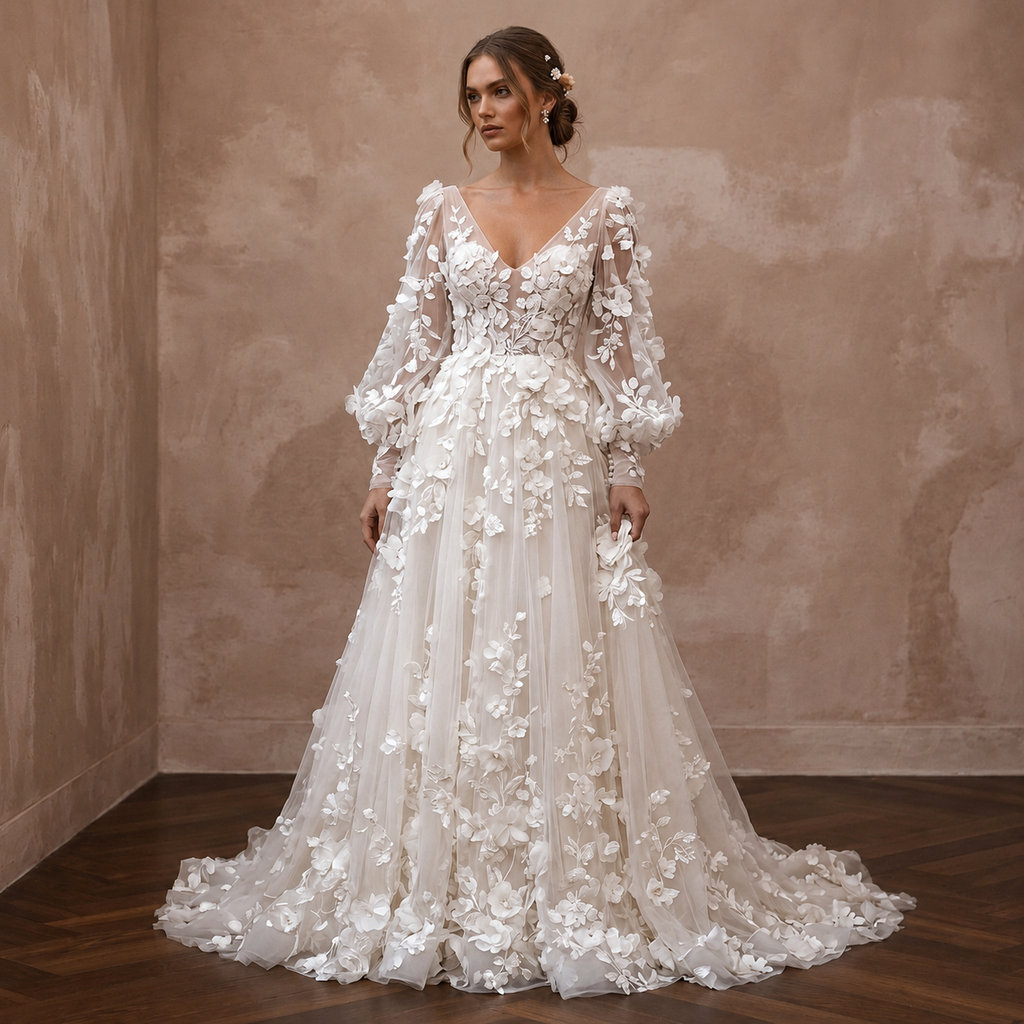 Garden Wedding Dresses with 3D Floral Embroidery