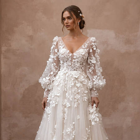 Garden Wedding Dresses with 3D Floral Embroidery - Apparel & Accessories > Clothing > Wedding & Bridal Party Dresses > Wedding Dresses - Mignonette Bridal