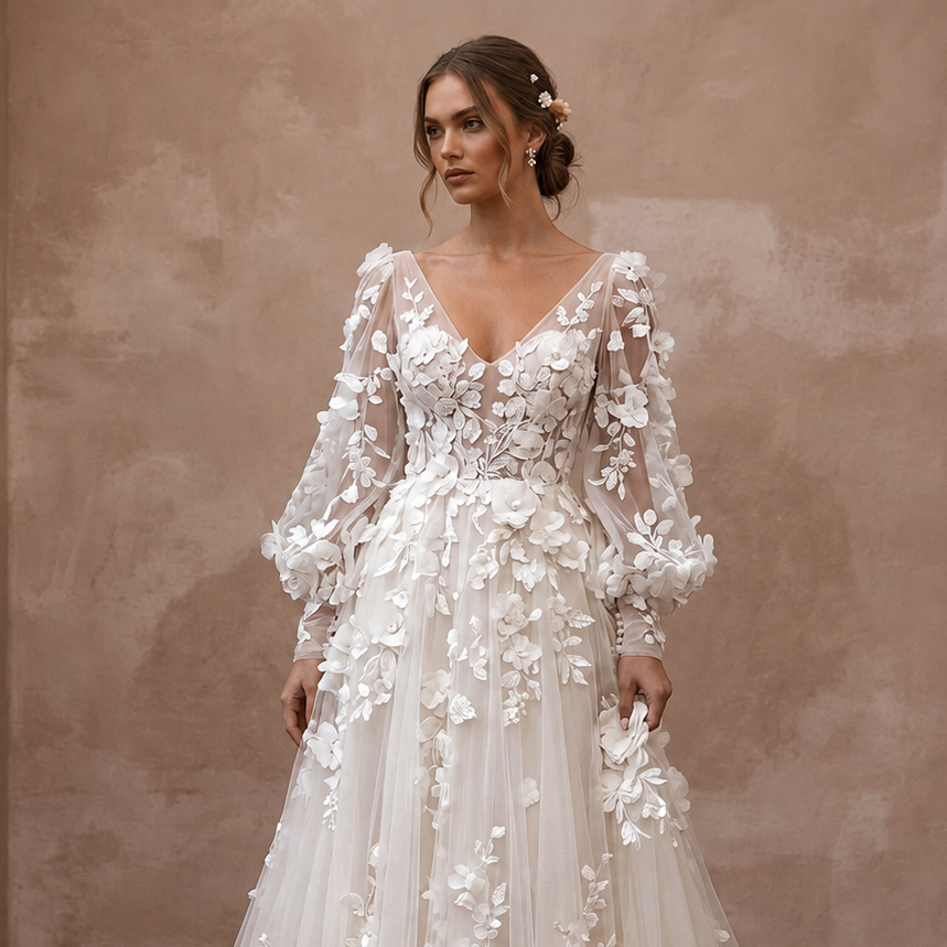 Garden Wedding Dresses with 3D Floral Embroidery