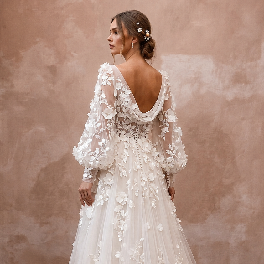 Garden Wedding Dresses with 3D Floral Embroidery