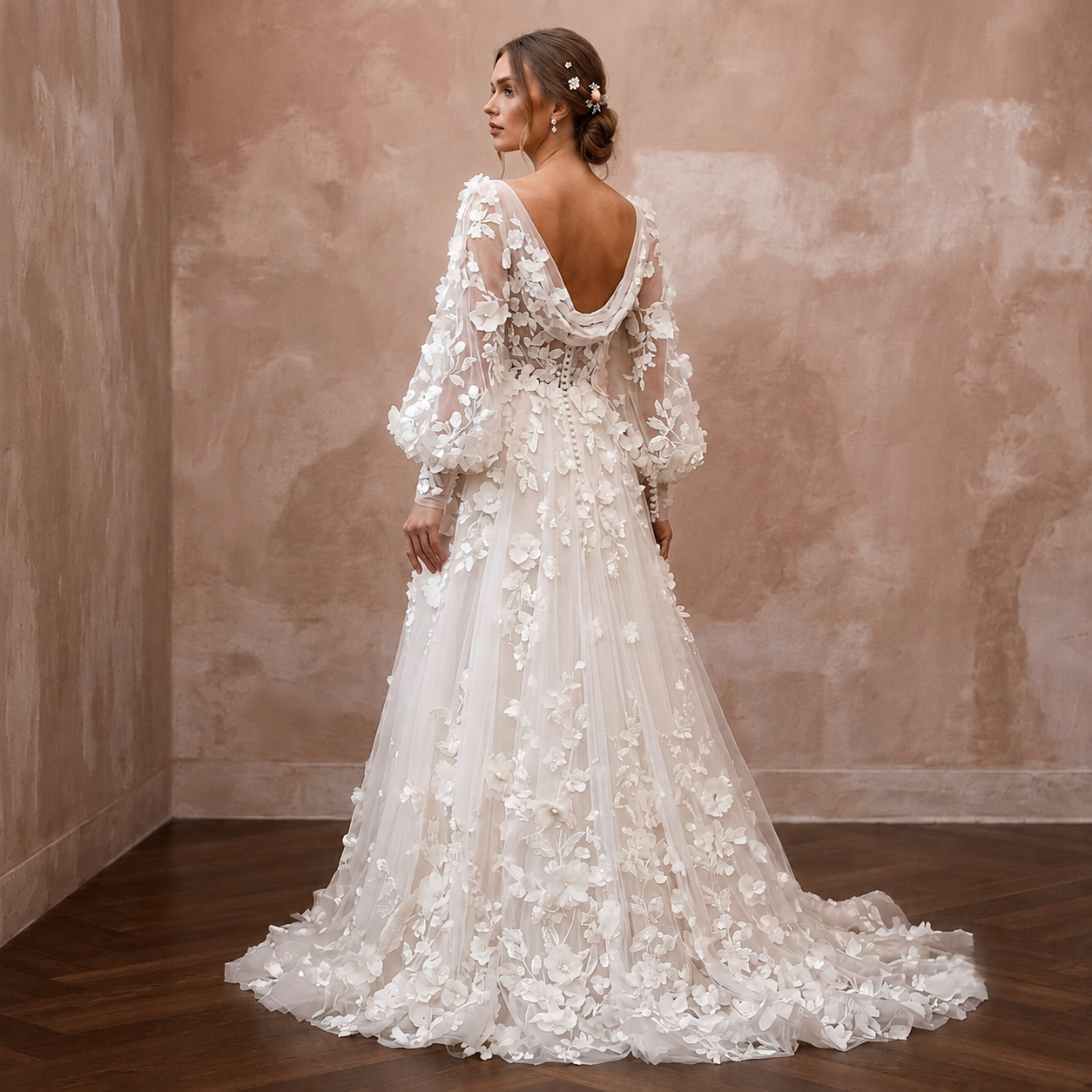 Garden Wedding Dresses with 3D Floral Embroidery