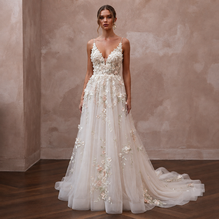Garden Wedding Dresses with 3D Floral Lace Appliqués
