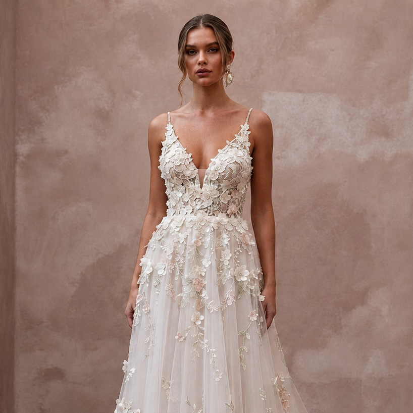 Garden Wedding Dresses with 3D Floral Lace Appliqués - Apparel & Accessories > Clothing > Wedding & Bridal Party Dresses > Wedding Dresses - Mignonette Bridal