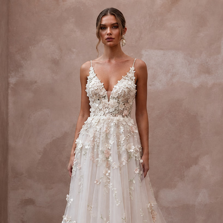 Garden Wedding Dresses with 3D Floral Lace Appliqués - Apparel & Accessories > Clothing > Wedding & Bridal Party Dresses > Wedding Dresses - Mignonette Bridal