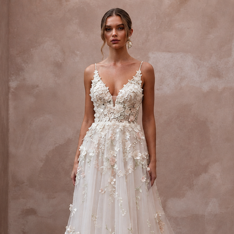 Garden Wedding Dresses with 3D Floral Lace Appliqués