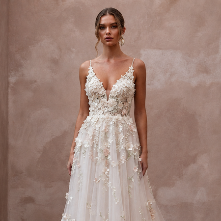 Garden Wedding Dresses with 3D Floral Lace Appliqués