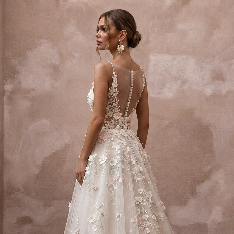 Garden Wedding Dresses with 3D Floral Lace Appliqués - Apparel & Accessories > Clothing > Wedding & Bridal Party Dresses > Wedding Dresses - Mignonette Bridal