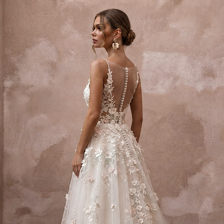 Garden Wedding Dresses with 3D Floral Lace Appliqués