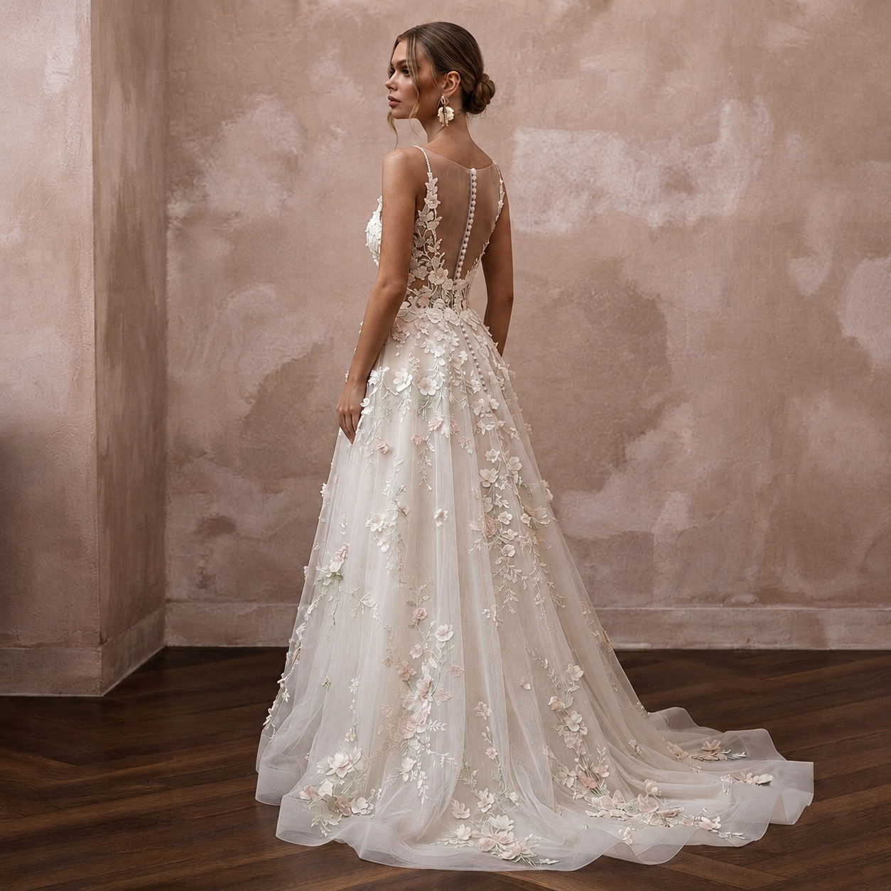Garden Wedding Dresses with 3D Floral Lace Appliqués