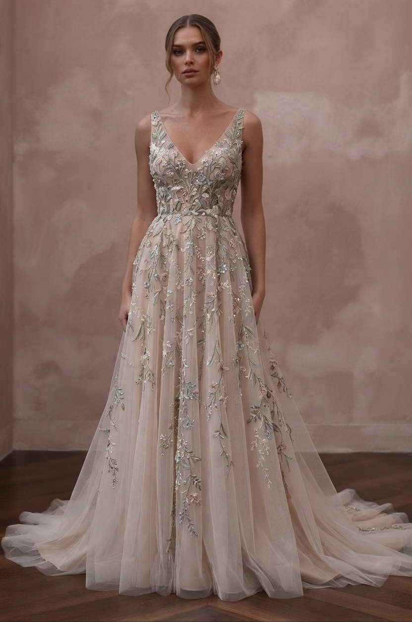 Garden Wedding Dresses with Botanical Embroidery - Apparel & Accessories > Clothing > Wedding & Bridal Party Dresses > Wedding Dresses - Mignonette